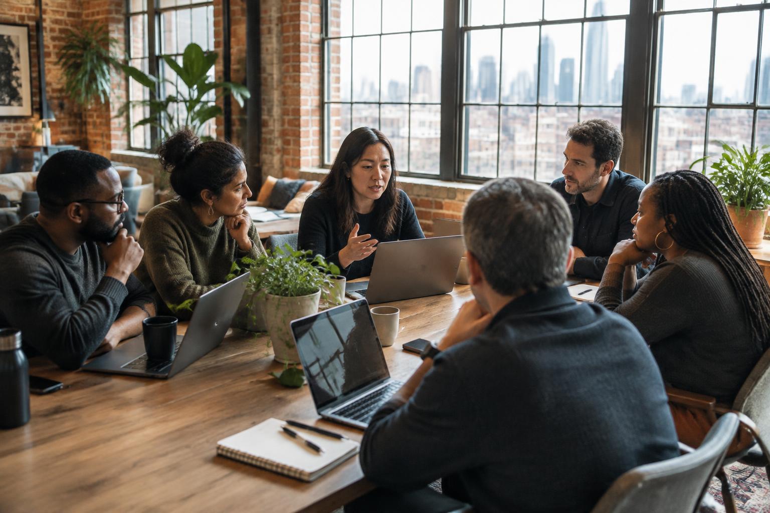 Illustration of founders collaborating around a workshop table